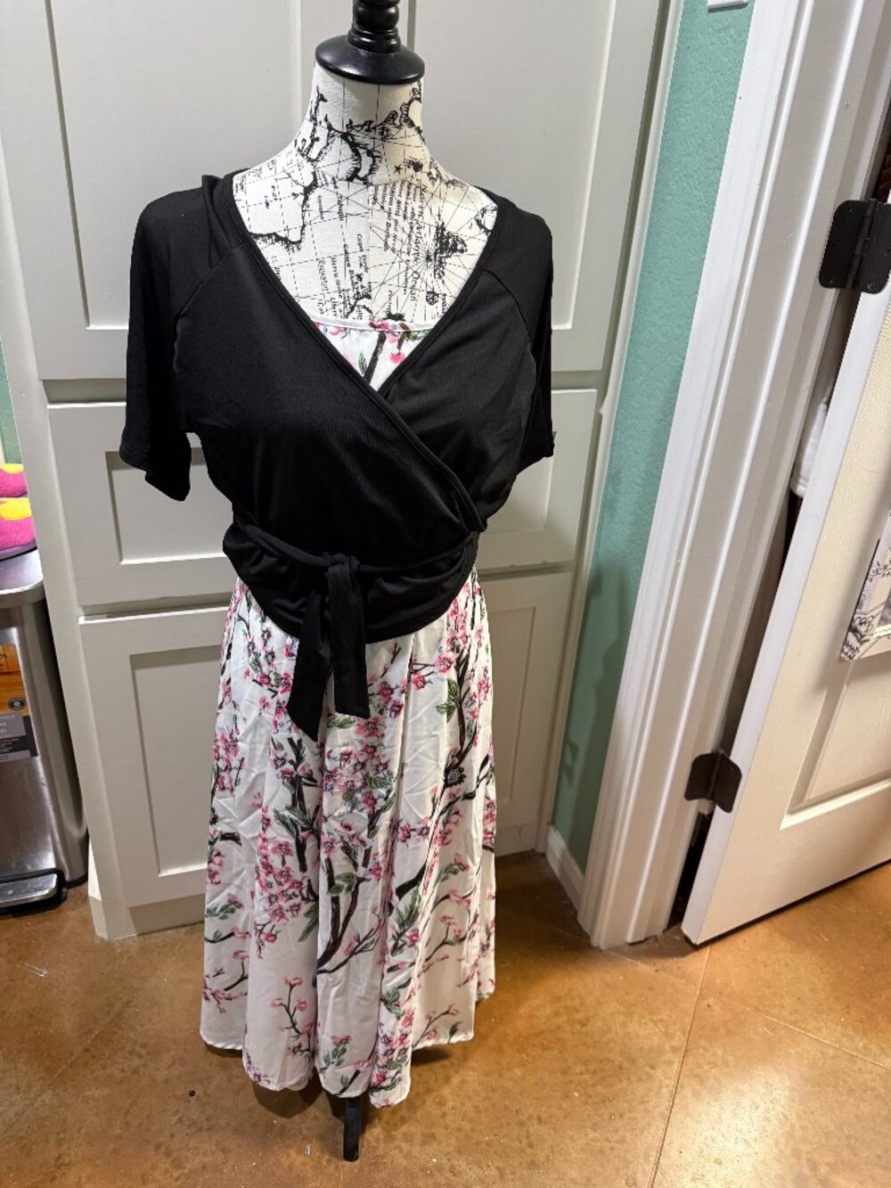 White floral dress with wrap cardigan